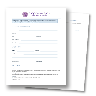 Download Cindy's Custom Quilts Customer Information Form